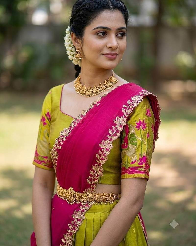 South Indian Style Half Saree with Blouse and Dupatta
