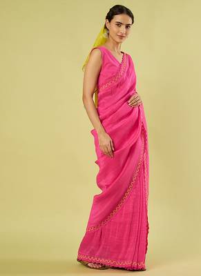 Pink embroidered linen khadi cotton saree set 3
