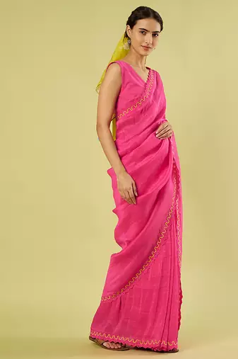Pink embroidered linen khadi cotton saree set