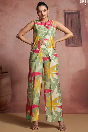 Elegant green muslin cord set with vibrant floral print
