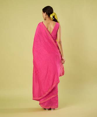 Pink embroidered linen khadi cotton saree set 4