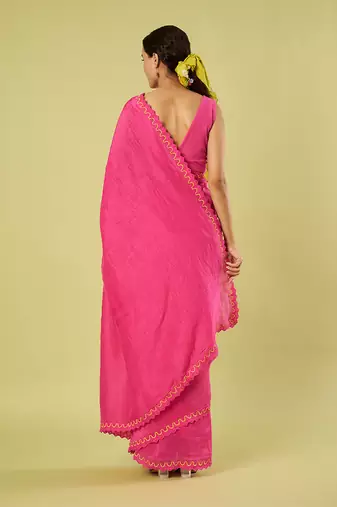 Pink embroidered linen khadi cotton saree set