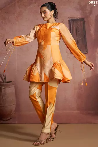Abstract print pure muslin peplum tunic set with straight pants