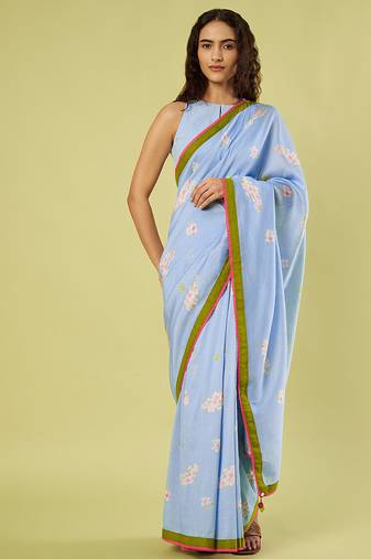 Light blue lime green border printed chanderi khadi cotton saree set