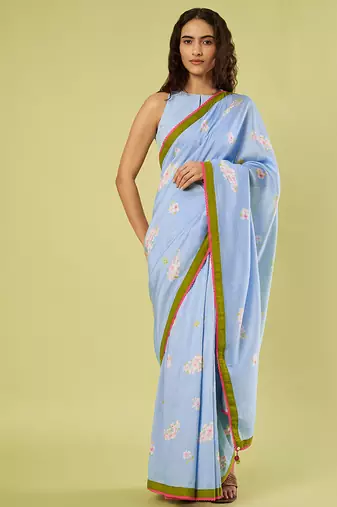 Light blue lime green border printed chanderi khadi cotton saree set