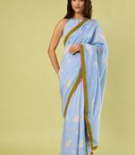 Light blue lime green border printed chanderi khadi cotton saree set