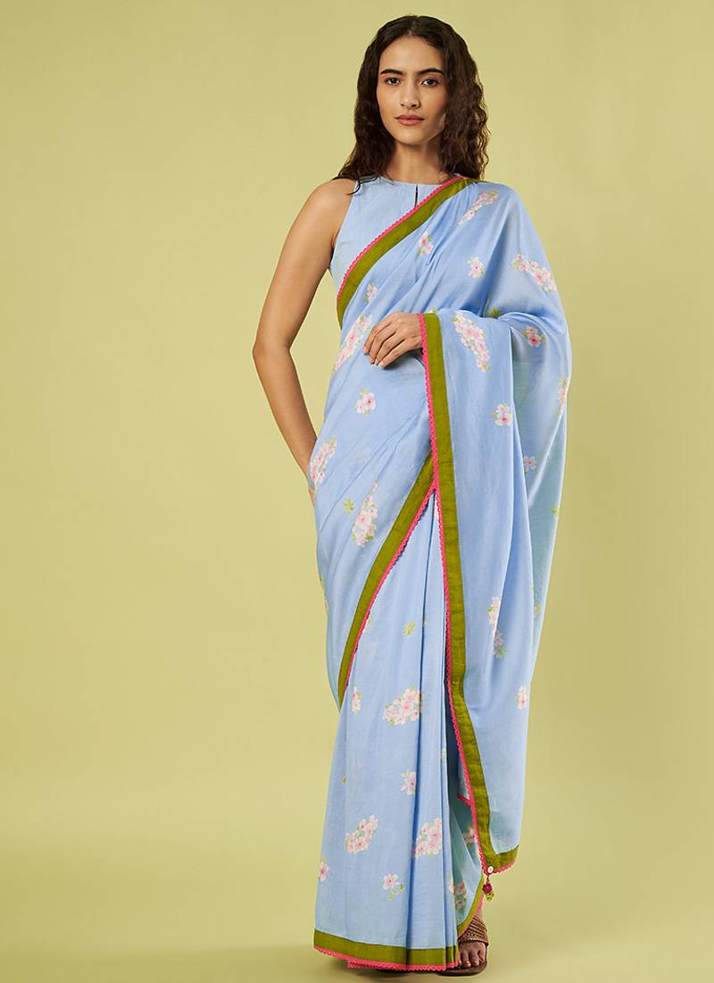 Light blue lime green border printed chanderi khadi cotton saree set