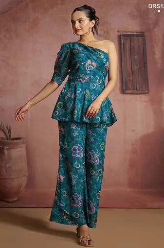 Teal floral one-shoulder peplum top and pants set