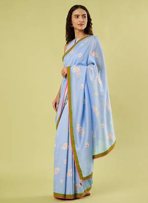 Light blue lime green border printed chanderi khadi cotton saree set 2