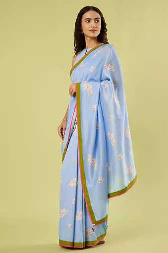 Light blue lime green border printed chanderi khadi cotton saree set