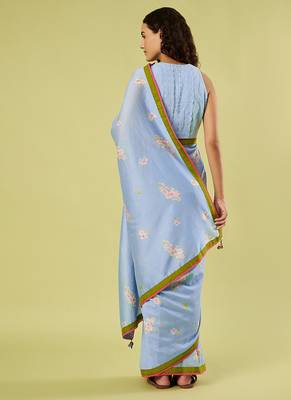 Light blue lime green border printed chanderi khadi cotton saree set 4