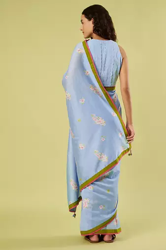 Light blue lime green border printed chanderi khadi cotton saree set