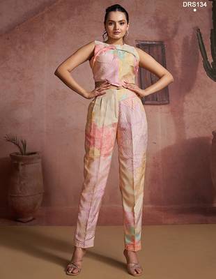Trendy multi-colored printed co-ord set with unique asymmetrical crop top 5
