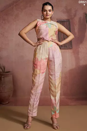 Trendy multi-colored printed co-ord set with unique asymmetrical crop top