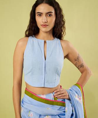 Light blue lime green border printed chanderi khadi cotton saree set 5