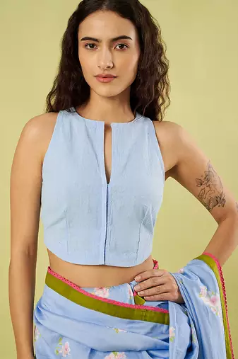 Light blue lime green border printed chanderi khadi cotton saree set