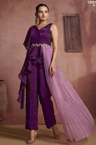 Wine organza two-piece co-ord set with cutdana & moti hand embroidery