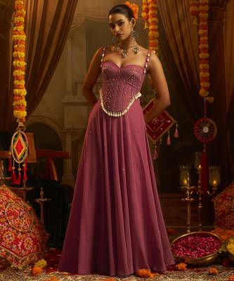 Pink georgette embroidered corset top with palazzo and artificial shell detailing 5