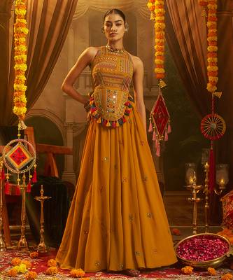 Mustard georgette thread & mirror work festive crop top set 5