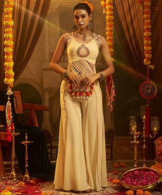 Cream georgette embroidered top with mirror, thread, tassels, shells and palazzo set 5