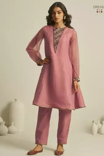 Peach pure tissue geometric hand-work round kurta set with matching bottom