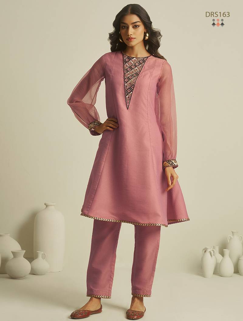 Peach pure tissue geometric hand-work round kurta set with matching bottom
