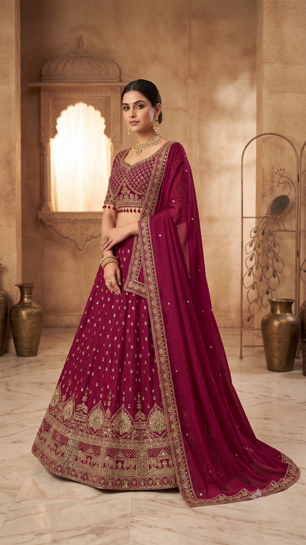 Maroon Bridal Lehenga Choli with Heavy Gold Embroidery & Dupatta