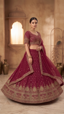 Maroon Bridal Lehenga Choli with Heavy Gold Embroidery & Dupatta 2