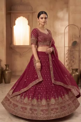 Maroon Bridal Lehenga Choli with Heavy Gold Embroidery & Dupatta