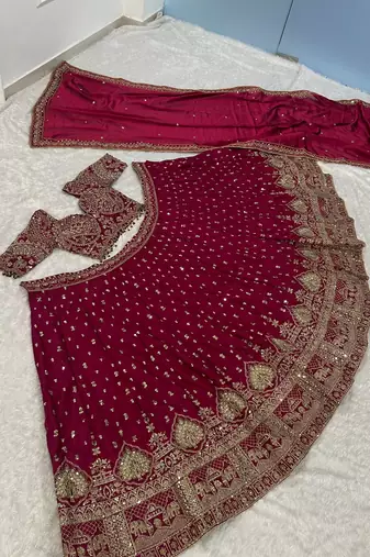 Maroon Bridal Lehenga Choli with Heavy Gold Embroidery & Dupatta