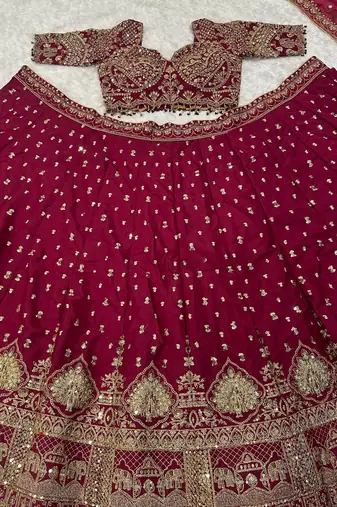 Maroon Bridal Lehenga Choli with Heavy Gold Embroidery & Dupatta