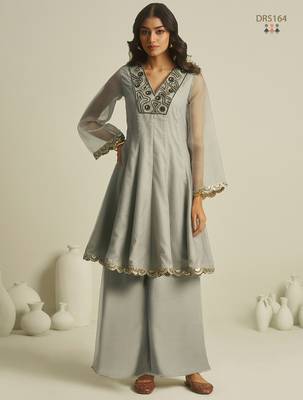 Elegant grey chiffon a-line kurta set with hand-embroidered bead and sequin detailing 5