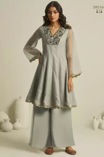 Elegant grey chiffon a-line kurta set with hand-embroidered bead and sequin detailing