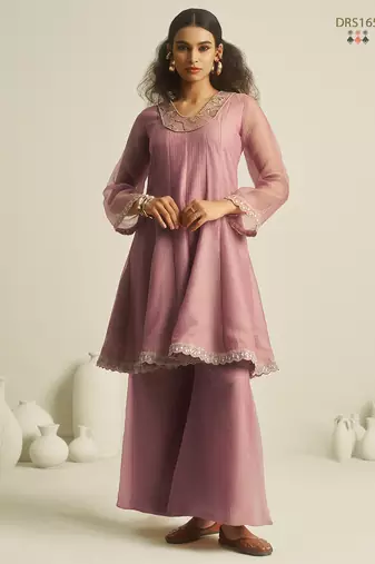 Pink pure tissue hand-work round kurta set with sequin embellished neckline & palazzo