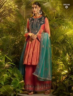 Premium fendi hand-work kurta plazoo dupatta set in elegant orange rust 5