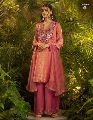 Designer pink fendi silk suit with hand cut-dana embroidery and dupatta 5