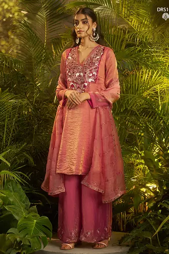 Designer pink fendi silk suit with hand cut-dana embroidery and dupatta