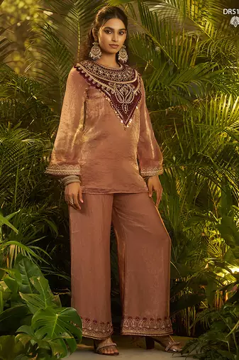 Premium brown fendi kurta set with heavy maroon hand-embroidered velvet yoke