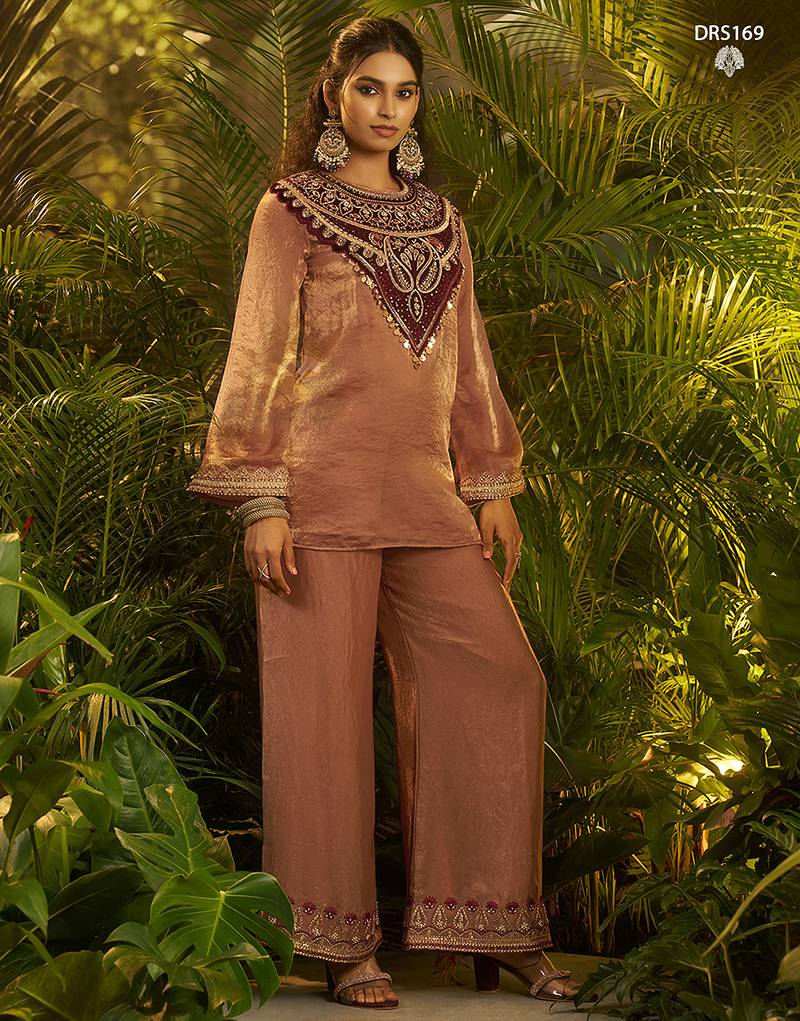 Premium brown fendi kurta set with heavy maroon hand-embroidered velvet yoke