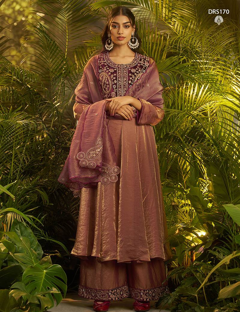 Premium purple shade fendi hand-work kurta plazoo dupatta festive set