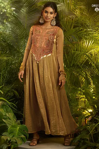 Olive green handworked designer gown with heavy embroidery