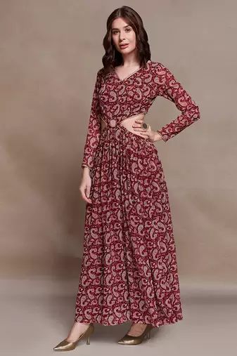 Maroon paisley print cutout maxi dress