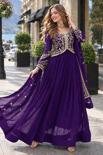 Purple georgette readymade anarkali suit with zari & embroidery work