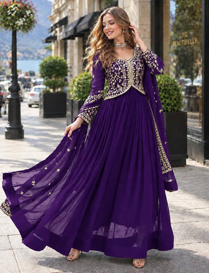 Purple georgette readymade anarkali suit with zari & embroidery work