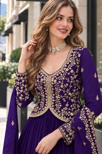 Purple georgette readymade anarkali suit with zari & embroidery work