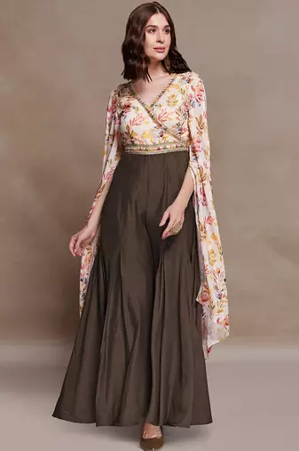 Women’s floral printed cape sleeve jumpsuit with wide leg palazzo fit