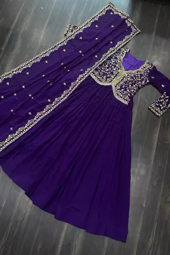 Purple georgette readymade anarkali suit with zari & embroidery work