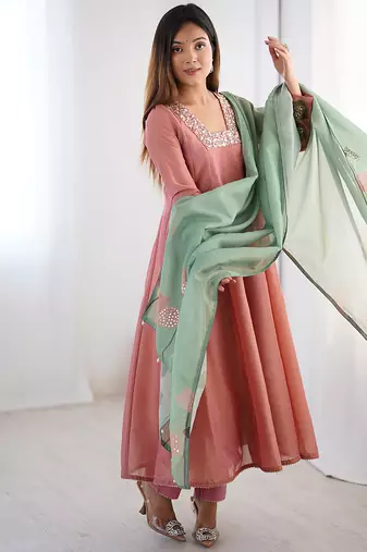 Peach pure tissue anarkali suit with handwork and printed organza dupatta