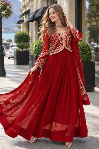 Red georgette readymade anarkali suit with zari & embroidery work