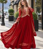 Red georgette readymade anarkali suit with zari & embroidery work